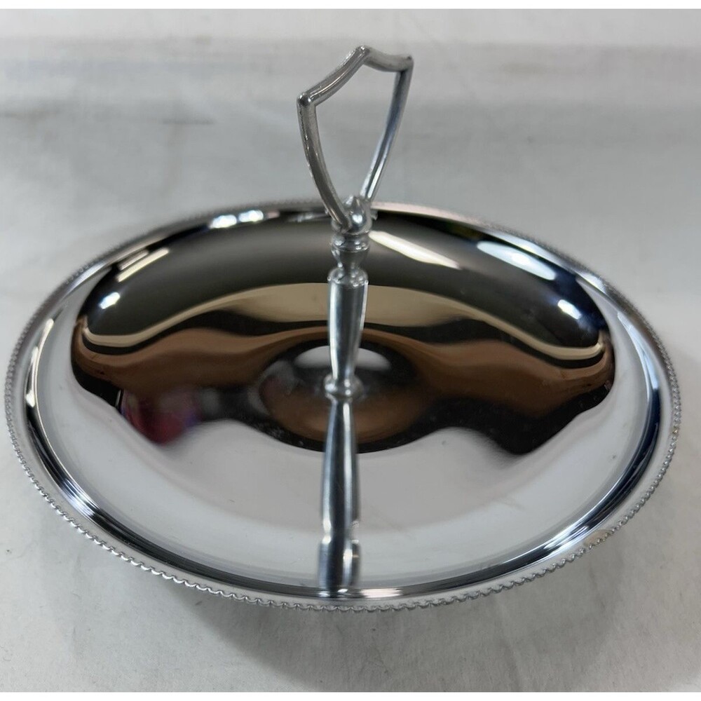 Vintage Chrome Serving Tray Tidbit Appetizer Plate Round 8.75" Handle Retro MCM